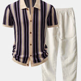 Stripe Eyelet Crochet Shirt & Straight Leg Linen Pants Set