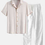 Contrast Stitching Linen Rayon Blend Cuban Shirt & Linen Pants Set