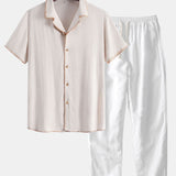 Contrast Stitching Linen Rayon Blend Cuban Shirt & Linen Pants Set