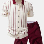 Stripe Button Up Knit Shirt & Elastic Waist Chino Shorts Set