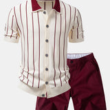 Stripe Button Up Knit Shirt & Elastic Waist Chino Shorts Set