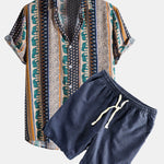 Elephant Geometric Print Shirt & Linen Cotton Blend Drawstring Shorts Set