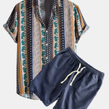 Elephant Geometric Print Shirt & Linen Cotton Blend Drawstring Shorts Set