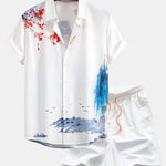 Oriental Ink Painting Shirt & Man Mid Length Drawstring Swim Shorts Set