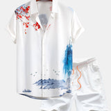 Oriental Ink Painting Shirt & Man Mid Length Drawstring Swim Shorts Set