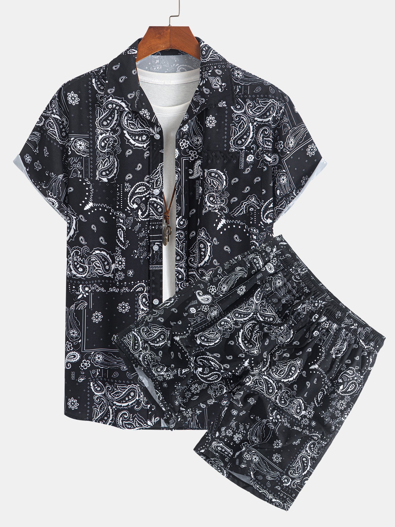 Paisley Print Shirt & Drawstring Swim Shorts Set