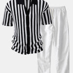 Drop Shoulder Stripe Crochet Shirt & Straight Leg Linen Pants Set