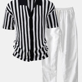 Drop Shoulder Stripe Crochet Shirt & Straight Leg Linen Pants Set