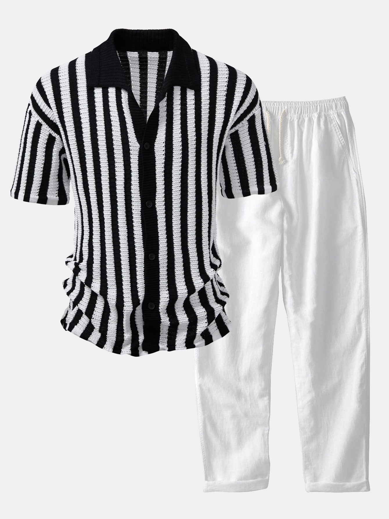 Drop Shoulder Stripe Crochet Shirt & Straight Leg Linen Pants Set