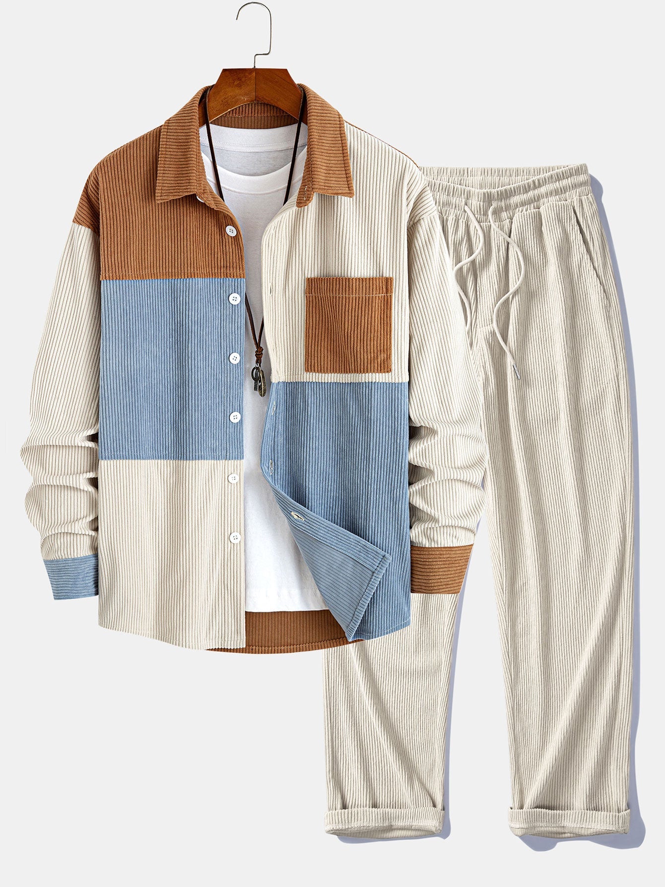 Relax Fit Color Block Corduroy Shirt & Straight Leg Corduroy Pants Set