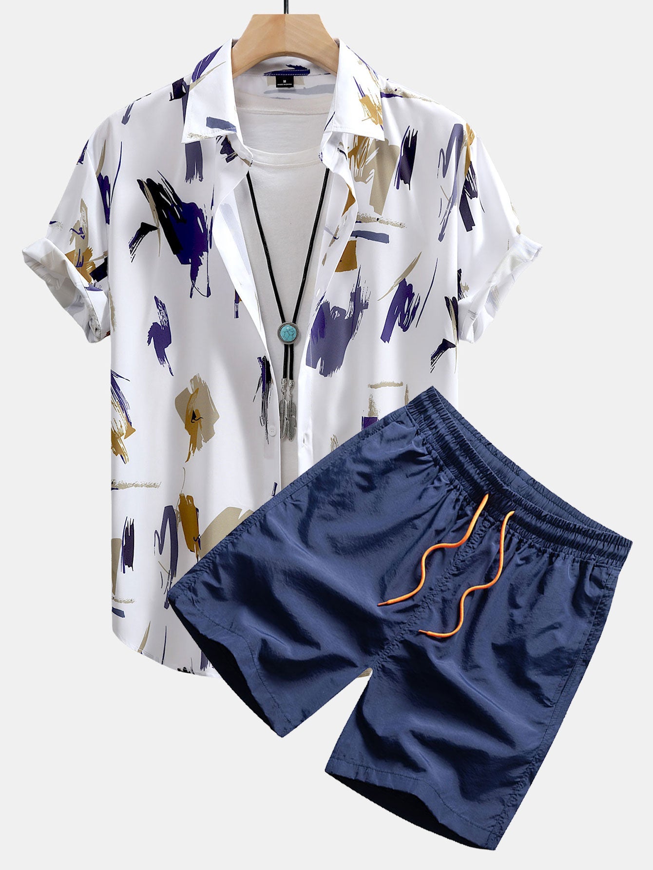 Brushstroke Print Shirt & Swim Shorts Set