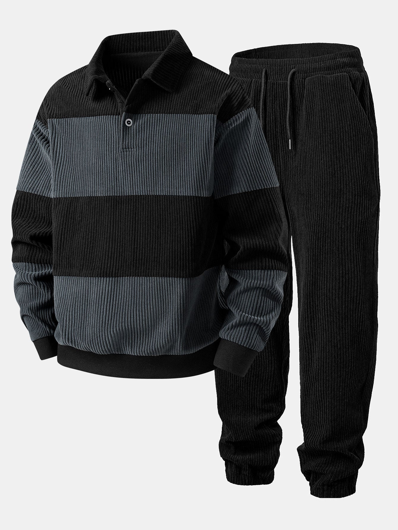 Contrast Corduroy Polo Sweatshirt & Corduroy Jogger Pants Set
