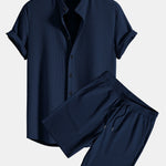 Muscle Fit Ribbed Stand Collar Shirt & Shorts Set