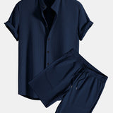 Muscle Fit Ribbed Stand Collar Shirt & Shorts Set