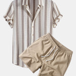 Textured Striped Shirt & Crinkle Textured Drawstring 5" Shorts Set