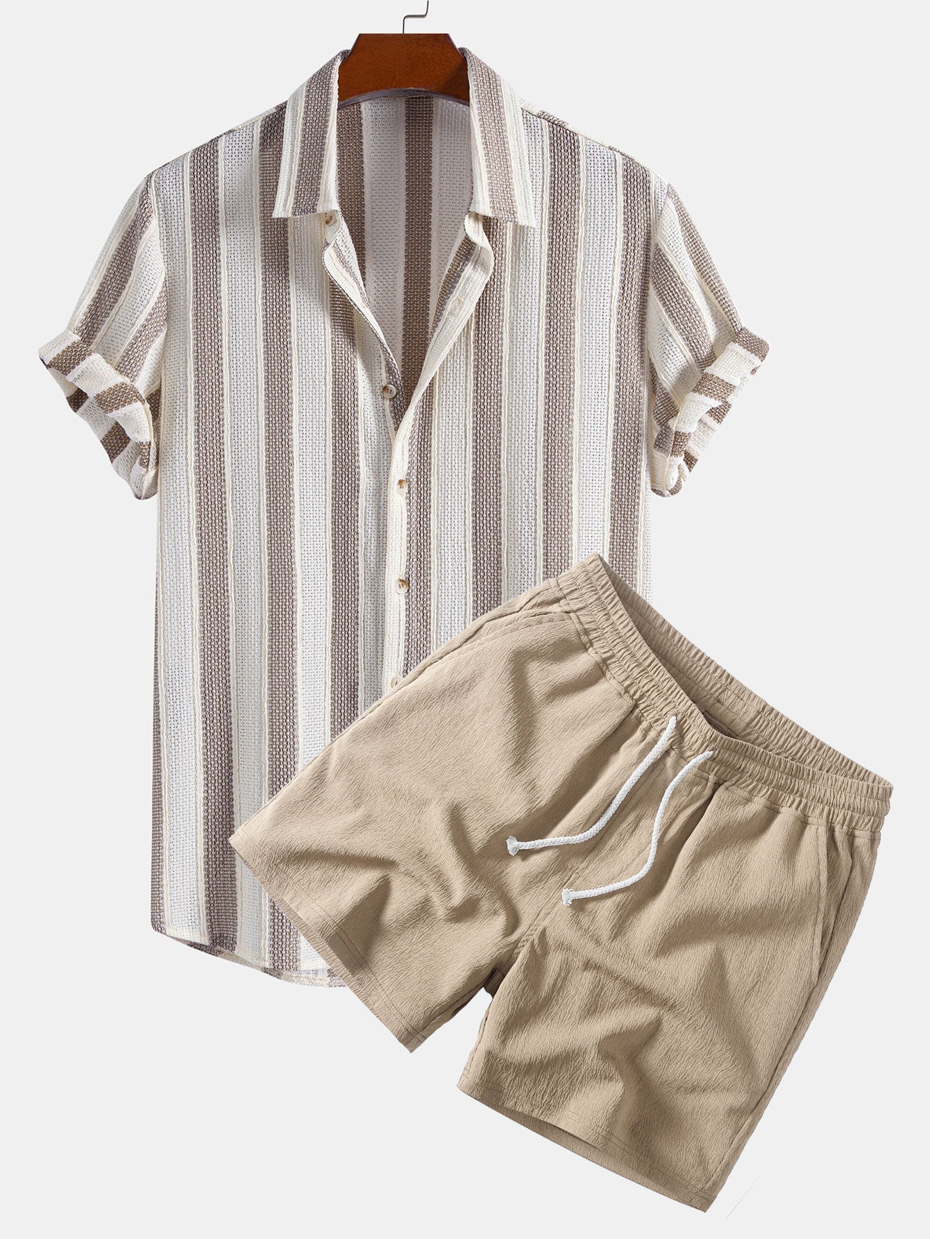 Textured Striped Shirt & Crinkle Textured Drawstring 5" Shorts Set