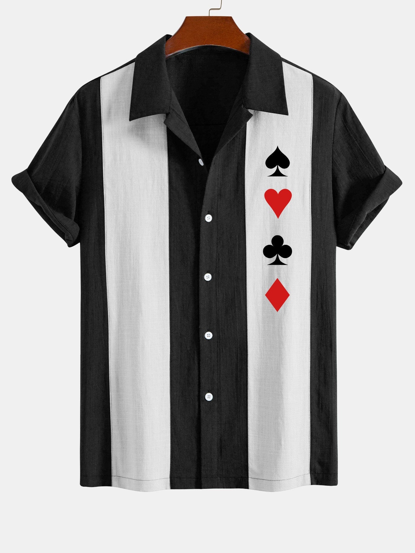 Poker Print Linen Patchwork Bowling Shirt