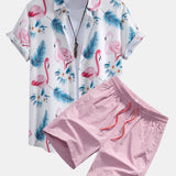 Flamingo Leaf Print Shirt & Swim Shorts Set
