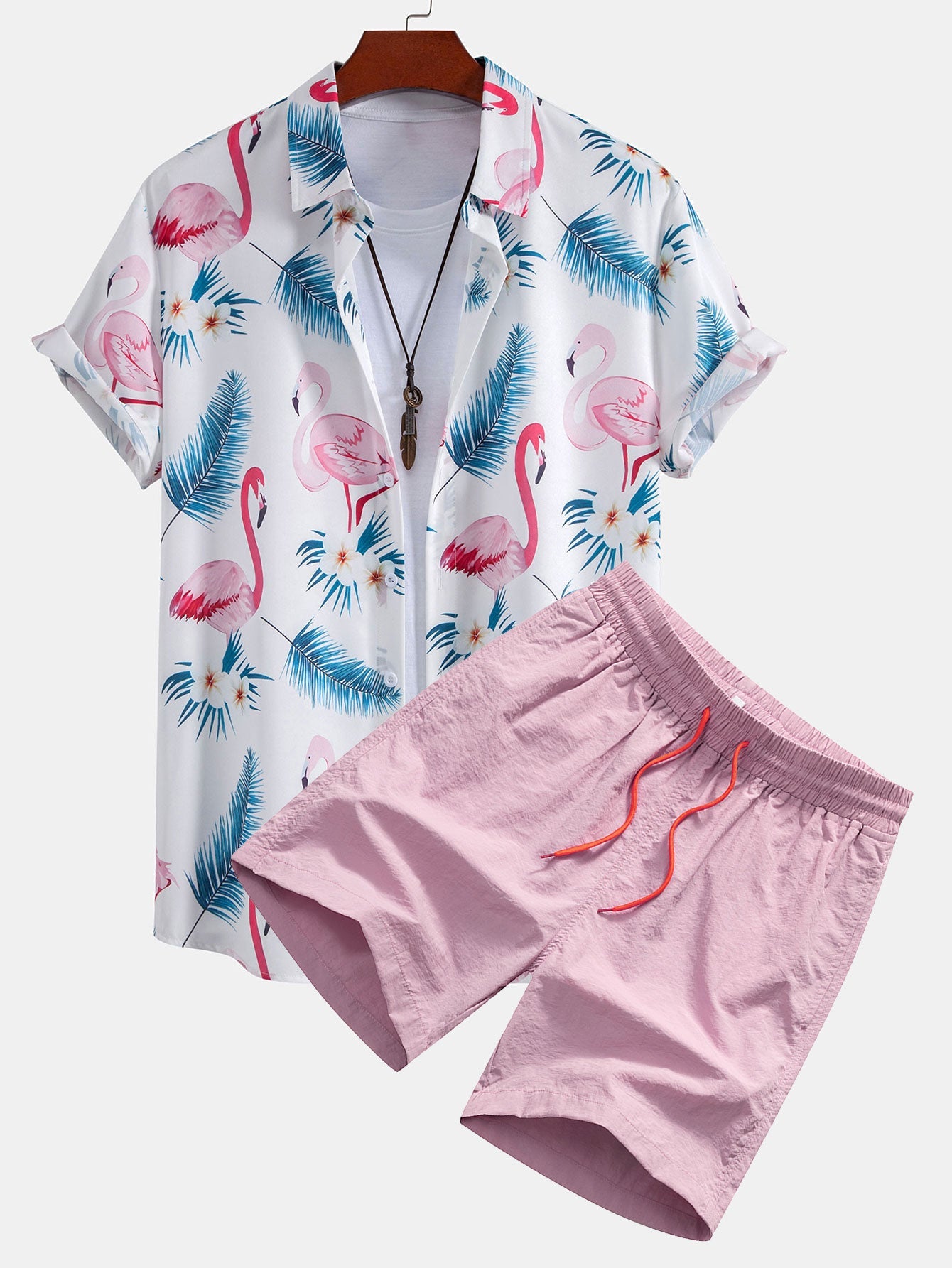 Flamingo Leaf Print Shirt & Swim Shorts Set