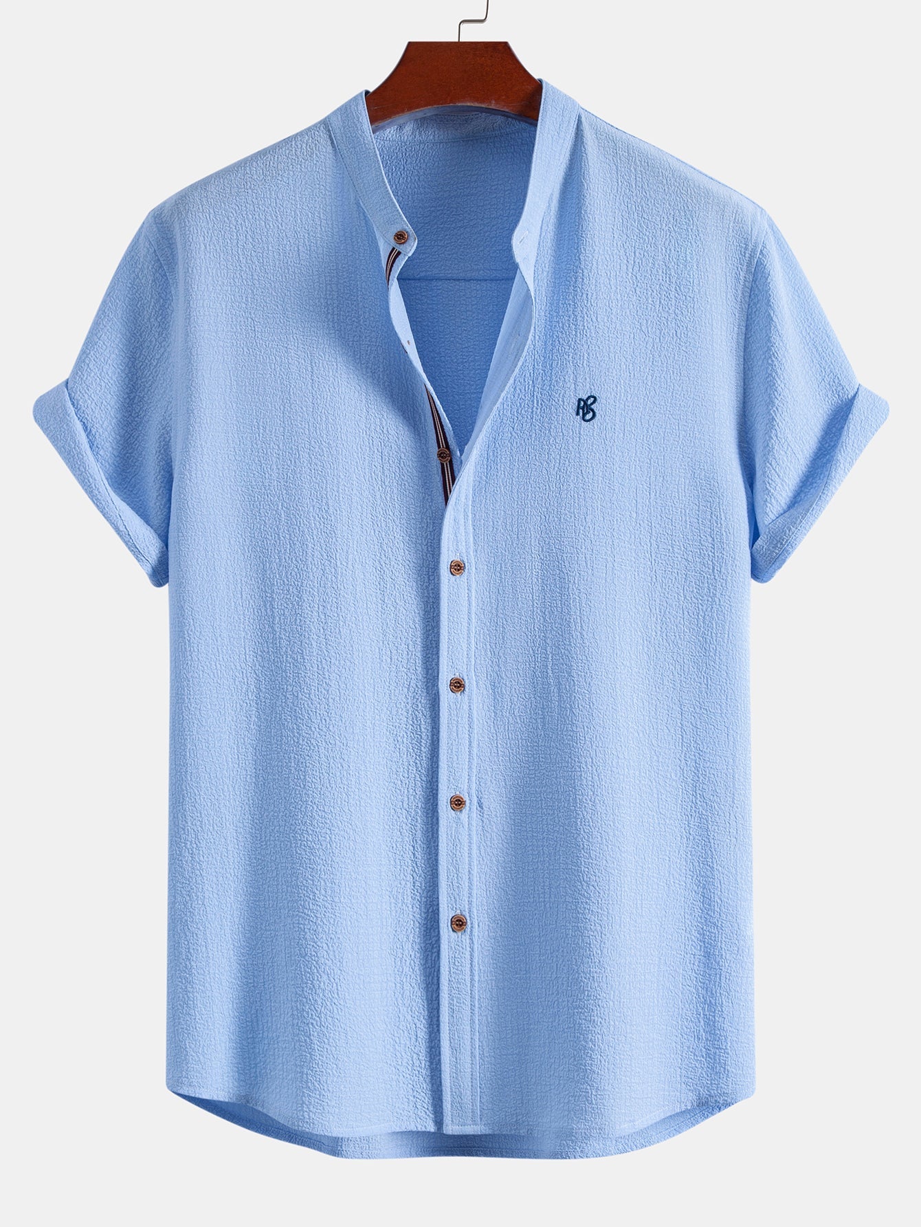 Short Sleeve Seersucker Stand Collar Shirt
