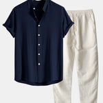 Linen and Rayon Blend Stand Collar Shirt & Linen Pants Set