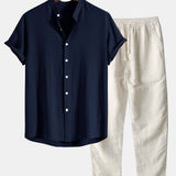 Linen and Rayon Blend Stand Collar Shirt & Linen Pants Set