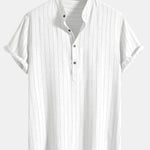 Linen Blend Striped Half Open Placket Henley Collar Shirt