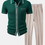 Contrast Trim Ribbed Knit Shirt & Slim Fit Tapered Trousers Set