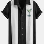 Vintage Martini Cocktail Print Linen Patchwork Bowling Shirt