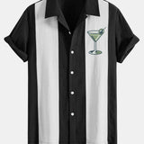 Vintage Martini Cocktail Print Linen Patchwork Bowling Shirt