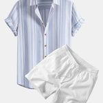 Stripe Linen Shirt & Crinkle Textured Drawstring 5" Shorts Set