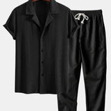 Muscle Fit Diamond Texture Cuban Shirt & Straight Leg Linen Pants Set