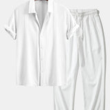 Geometric Jacquard Shirt & Crinkle Textured Straight Leg Pants Set