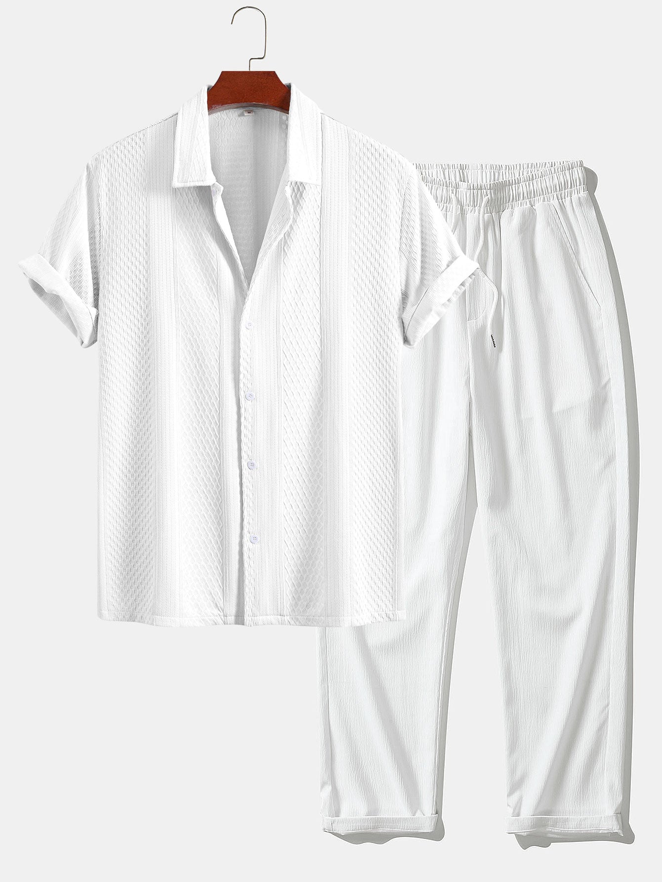 Geometric Jacquard Shirt & Crinkle Textured Straight Leg Pants Set