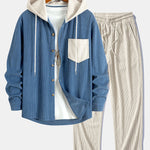 Long Sleeved Contrast Corduroy Hooded Shirt & Corduroy Pants Set