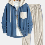 Long Sleeved Contrast Corduroy Hooded Shirt & Corduroy Pants Set