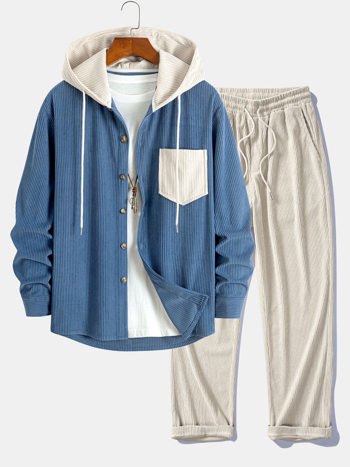 Long Sleeved Contrast Corduroy Hooded Shirt & Corduroy Pants Set