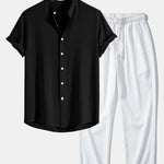 Linen and Rayon Blend Stand Collar Shirt & Wrinkle Textured Pants Set