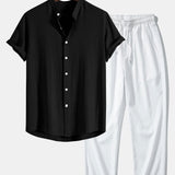 Linen and Rayon Blend Stand Collar Shirt & Wrinkle Textured Pants Set