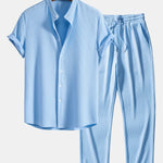 Muscle Fit Ribbed Stand Collar Shirt & Straight Leg Ribbed Pants Set