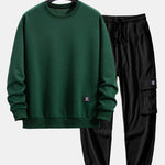 Geometric Striped Sweatshirt & Drawstring Corduroy Cargo Jogger Pants Set
