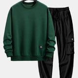 Geometric Striped Sweatshirt & Drawstring Corduroy Cargo Jogger Pants Set