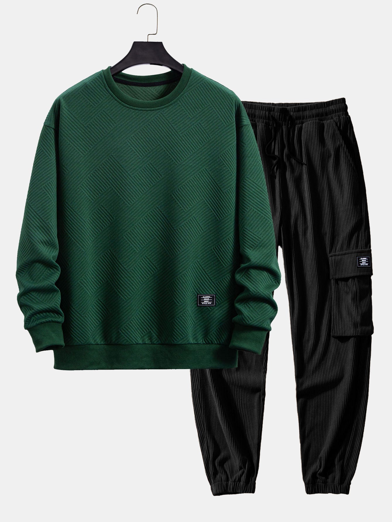 Geometric Striped Sweatshirt & Drawstring Corduroy Cargo Jogger Pants Set