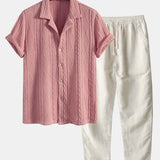 Knitted Geometric Textured Cuban Shirt & Straight Leg Linen Pants Set