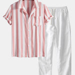 Striped Cuban Collar Shirt & Straight Leg Linen Pants Set