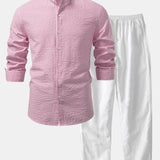 Seersucker Striped Stand Collar Shirt & Straight Leg Linen Pants Set