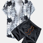 Cartoon Cat Print Shirt & Drawstring Swim Shorts Set