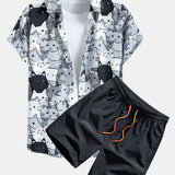 Cartoon Cat Print Shirt & Drawstring Swim Shorts Set