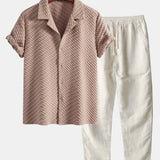 Houndstooth Jacquard Cuban Shirt & Straight Leg Linen Pants Set