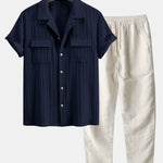 Textured Cuban Collar Pocket Shirt & Straight Leg Linen Pants Set